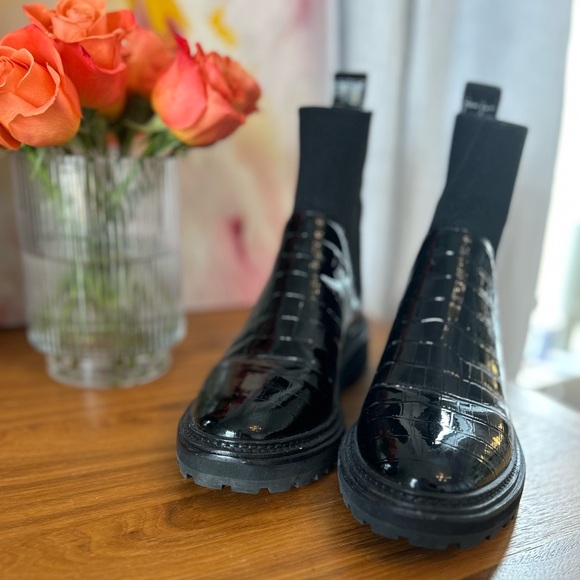 Loeffler Randall Black Croc-Embossed Combat Boots - Picture 5 of 10